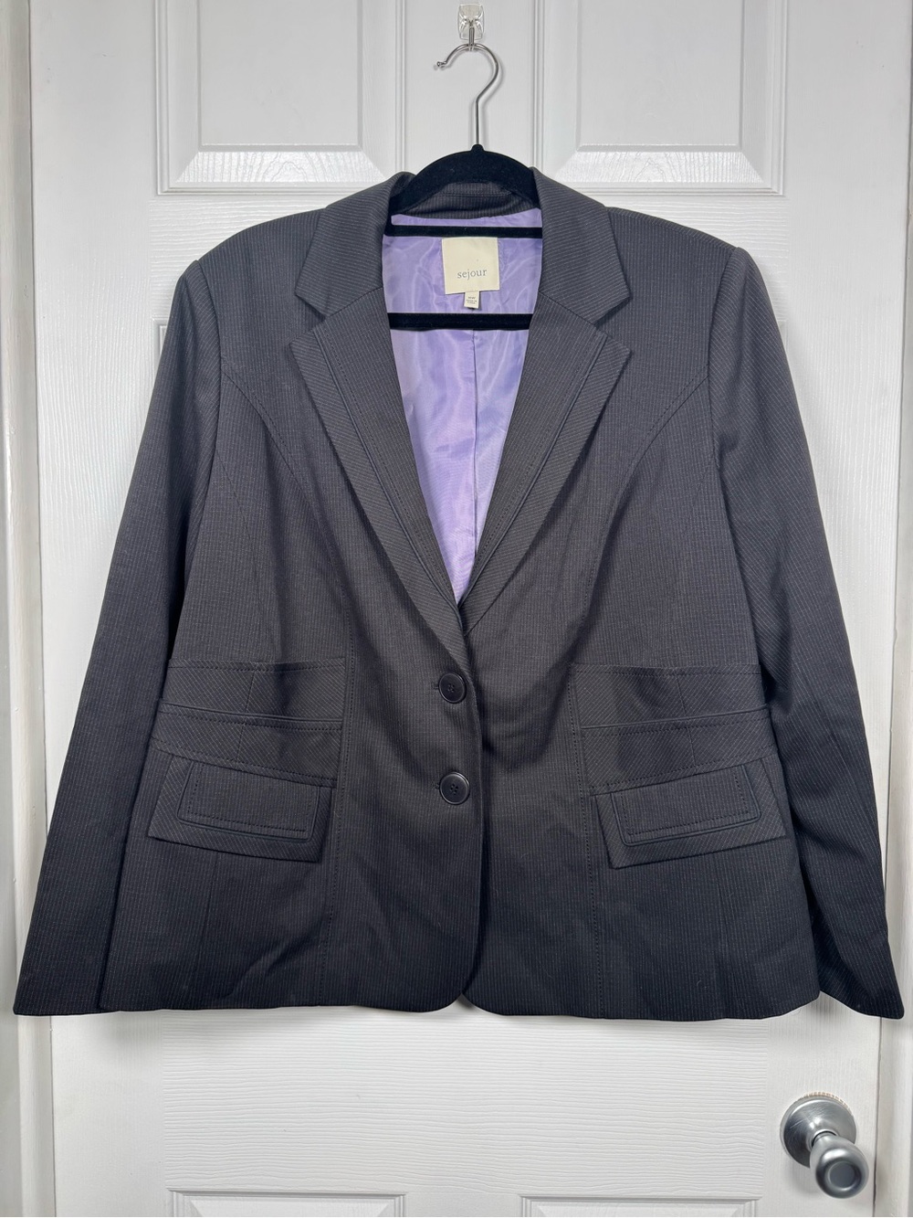 Sejour Women’s 2 Piece Gray Textured Stripe Pantsuit Blazer Pants 16W Interview